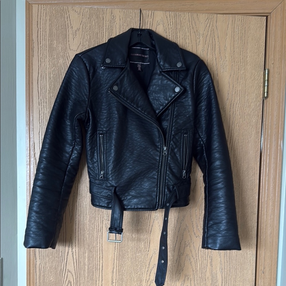 Victoria's Secret Black Leather Jacket Asymmetrical Zipper Notched Lapel